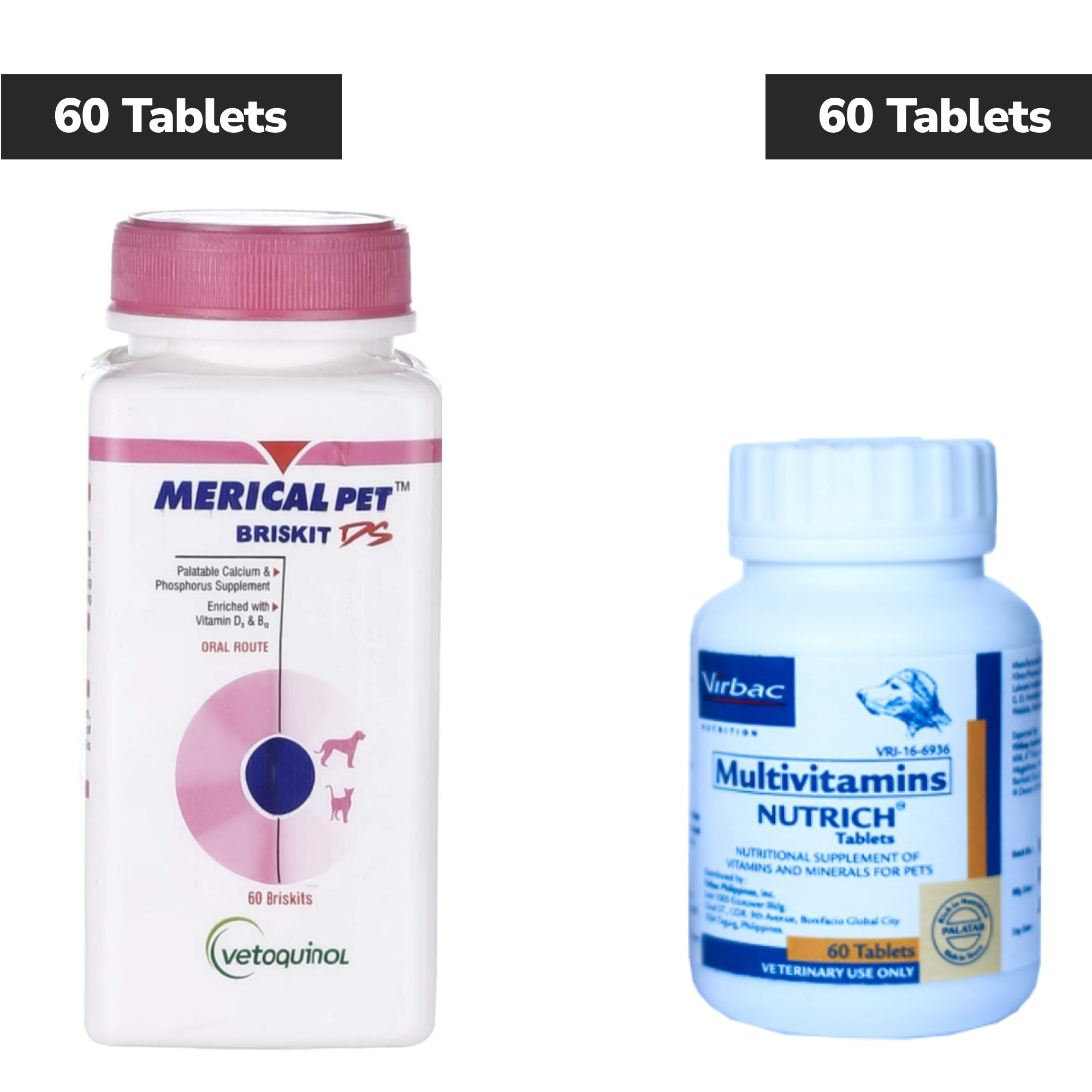 Vetoquinol Merical Pet Briskit DS Calcium Tablets (60) and Virbac Nutrich Multivitamin Tablets (60) for Dogs & Cats Combo Both-Pharmacy Exclusive Combo 1 Pack (60 tablets) + 1 Pack (60 tablets)