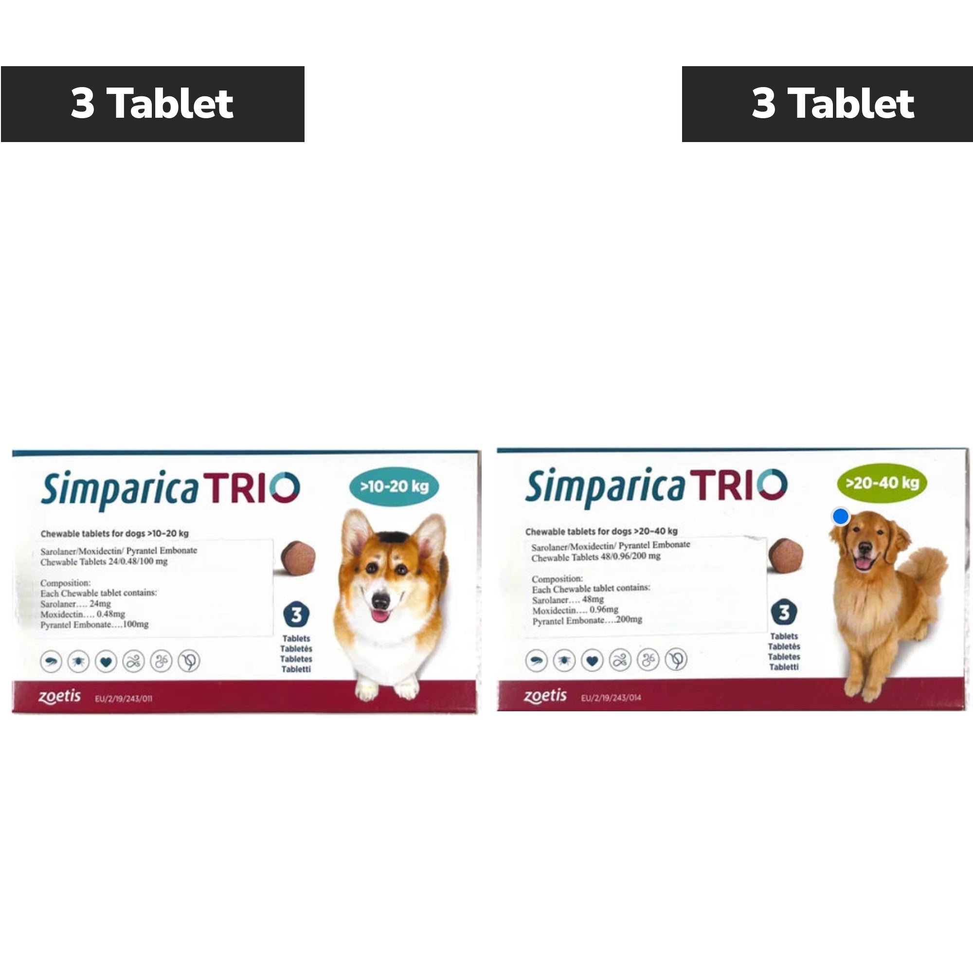 Zoetis Simparica Trio Tick & Flea Control Tablet for Dogs 10 to 20 kg (3 Tablets) and 20 to 40 kg (3 Tablets) Combo Dogs-Pharmacy Exclusive Combo 10-20kg (3 Tablets) + 20-40kg (3 Tablets)