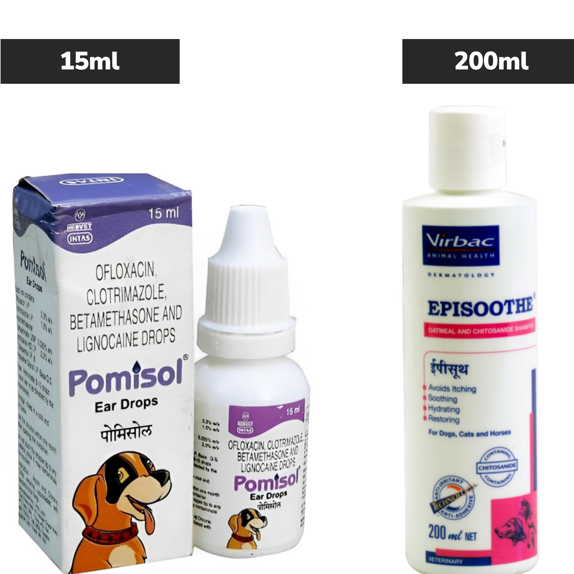 Intas Pomisol Ear Drops 15ml and Virbac Episoothe Oatmeal Shampoo 200ml for Dogs & Cats Combo Both-Pharmacy Exclusive Combo 15mL+200mL
