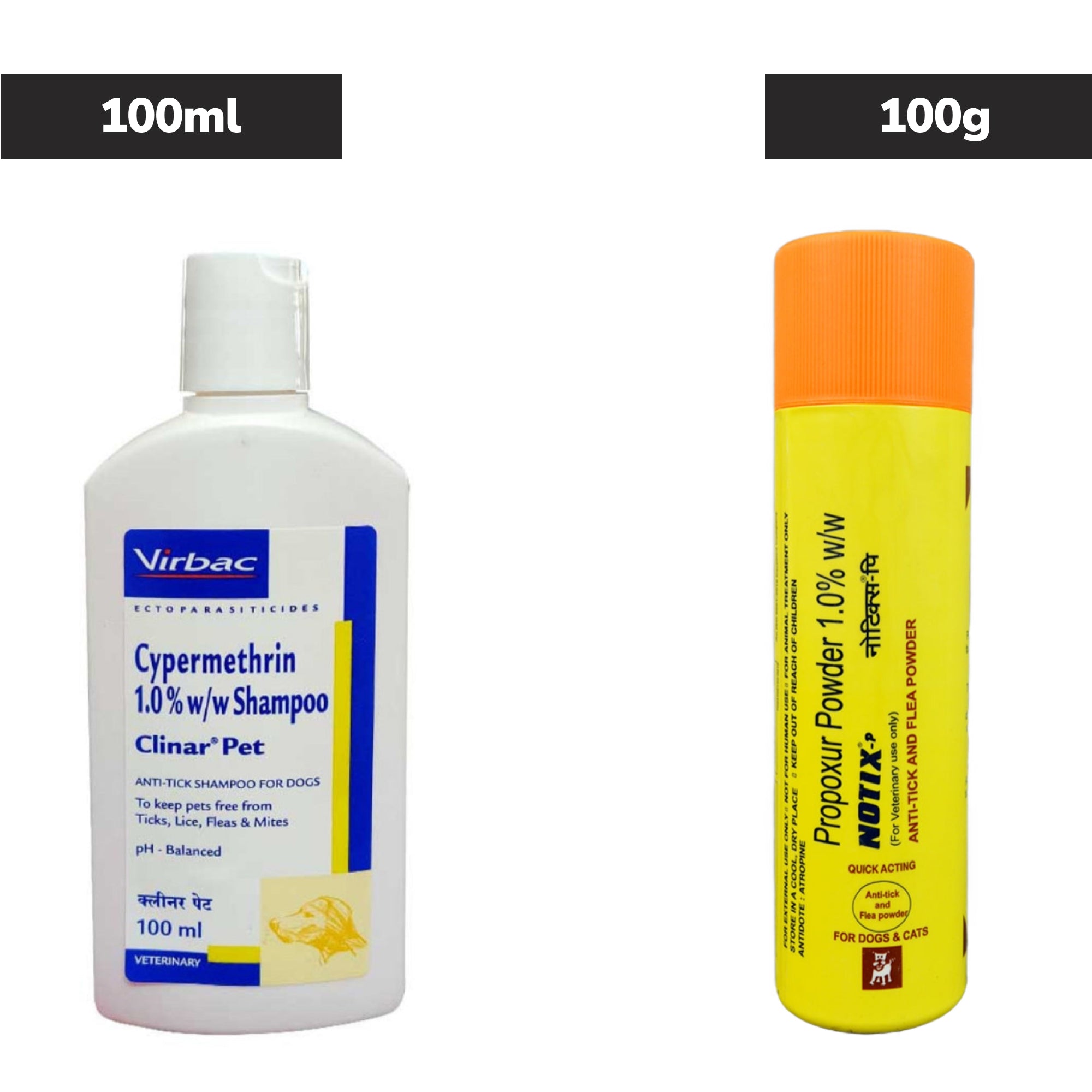 Petcare Notix Tick & Flea Control Powder 100g and Clinar Pet Anti-Tick & Flea Shampoo 100ml for Dogs Combo Dogs-Pharmacy Exclusive Combo 100g+100ml