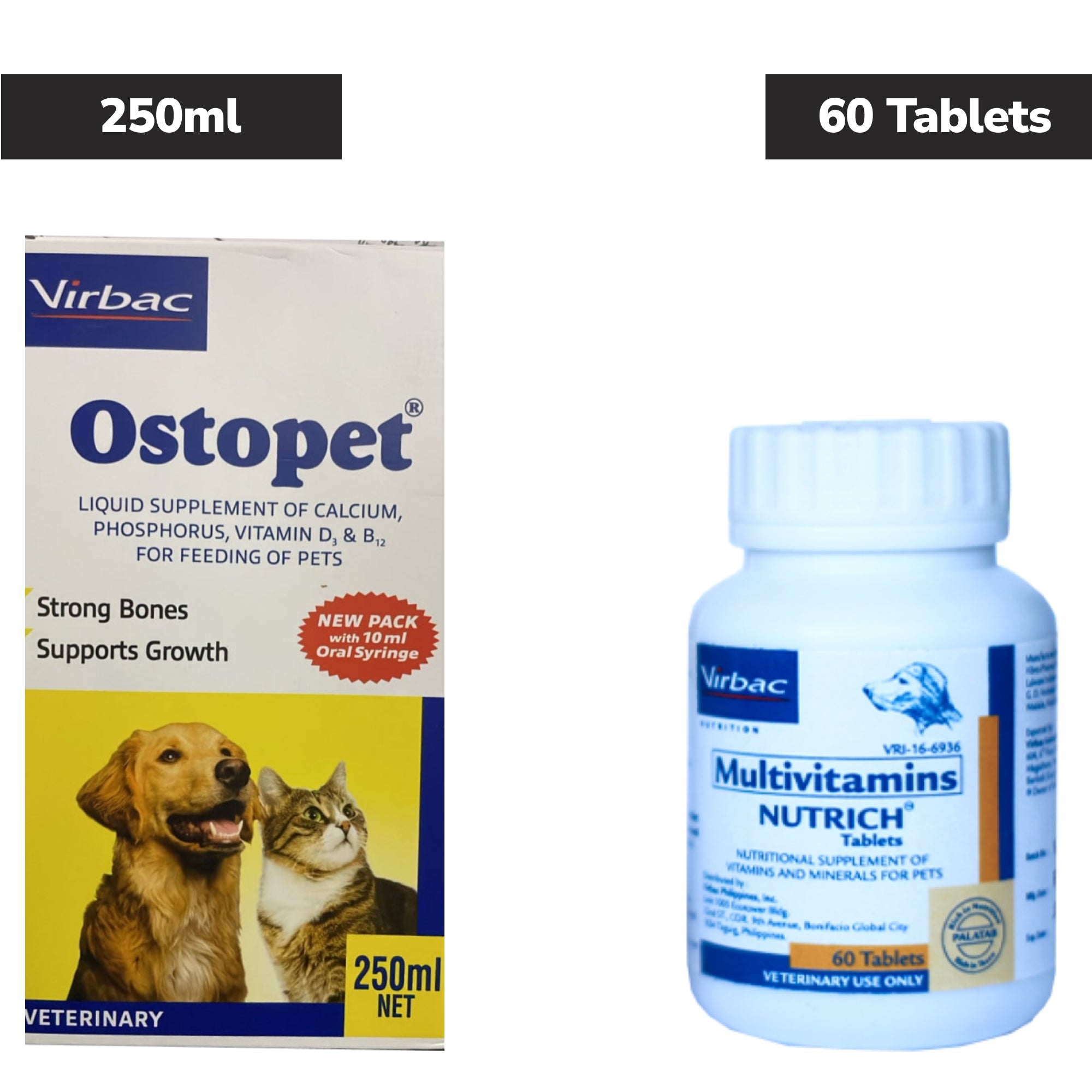 Virbac Ostopet Calcium Syrup 250ml and Nutrich Multivitamin Tabs (60) for Dogs & Cats Combo Both-Pharmacy Exclusive Combo 250mL + 60 Tablets
