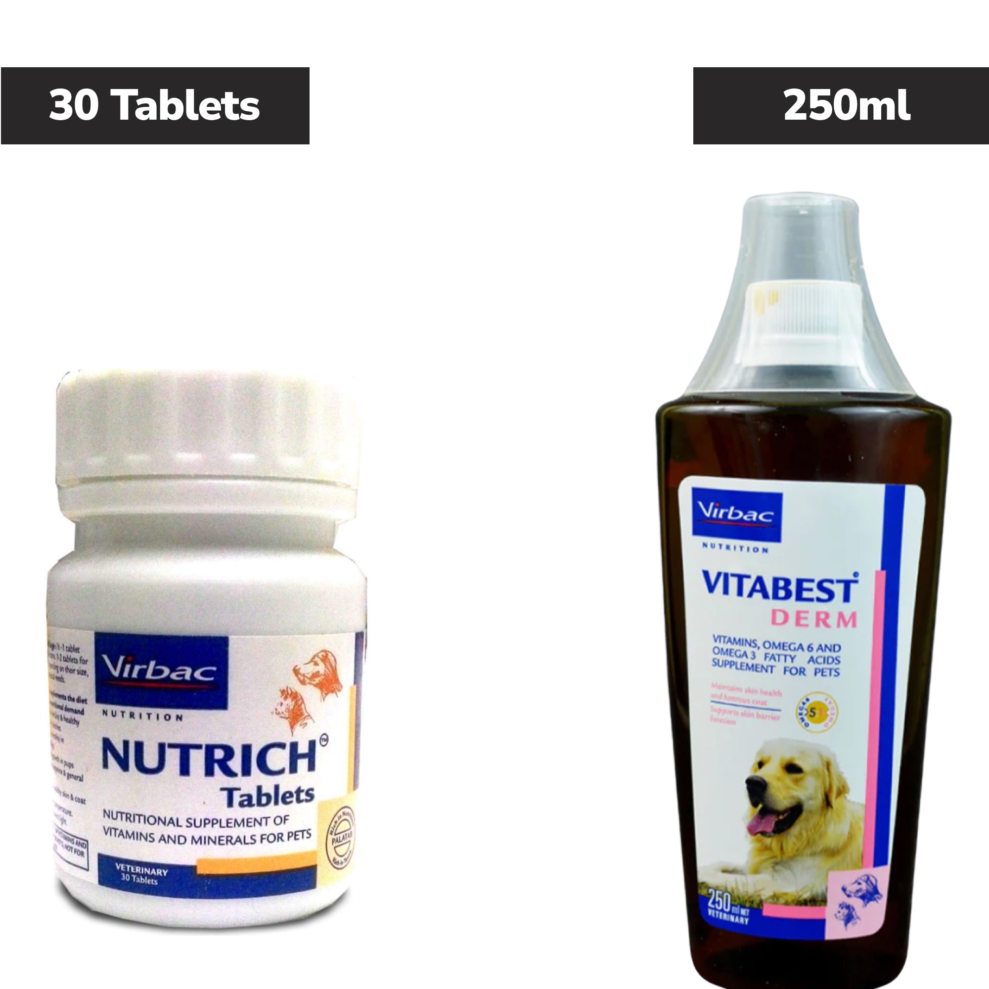 Virbac Nutrich Multi Vitamin Tablets (30 Tablets) and Vitabest Derm Omega 3+6 Syrup (250ml) for Dogs and Cats Combo Both-Pharmacy Exclusive Combo 30 Tablets + 250ml