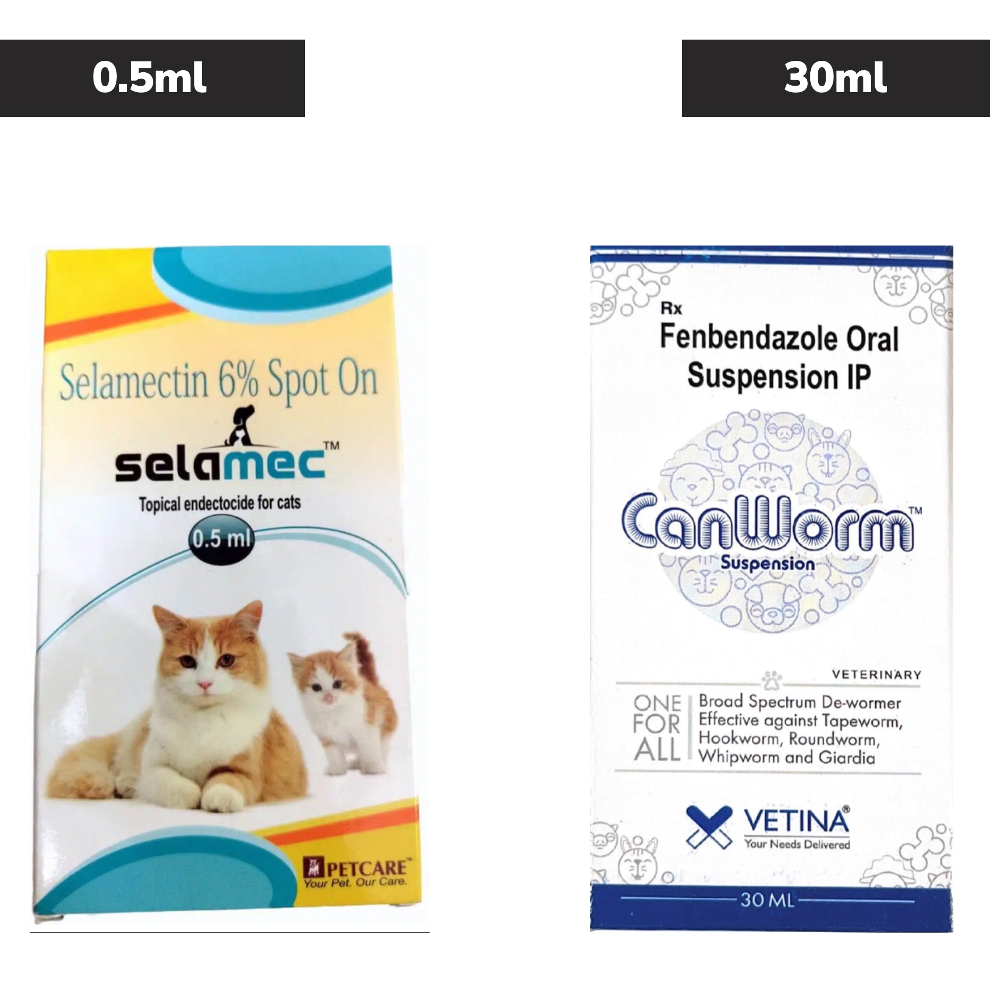 Petcare Selamec (Selamectin) Spot On for Cats 0.5ml and Vetina Canworm (Fenbendazole) Pet Deworming Suspension 30ml Combo Cats-Pharmacy Exclusive Combo 0.5ml+30ml