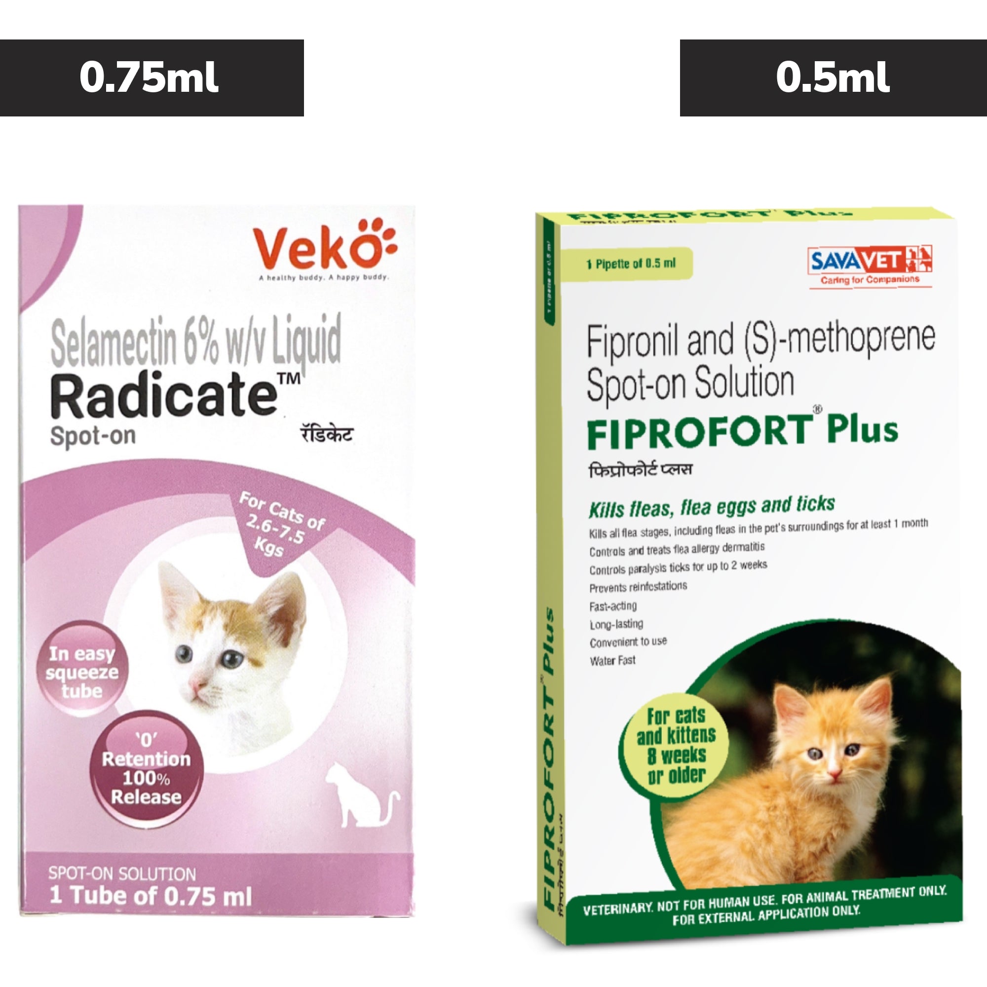 Veko Radicate (Selamectin) 0.75ml and Savavet Fiprofort Plus (Fipronil) Tick & Flea Control Spot On 0.5ml for Cats Combo Cats-Pharmacy Exclusive Combo 0.75mL+0.5mL