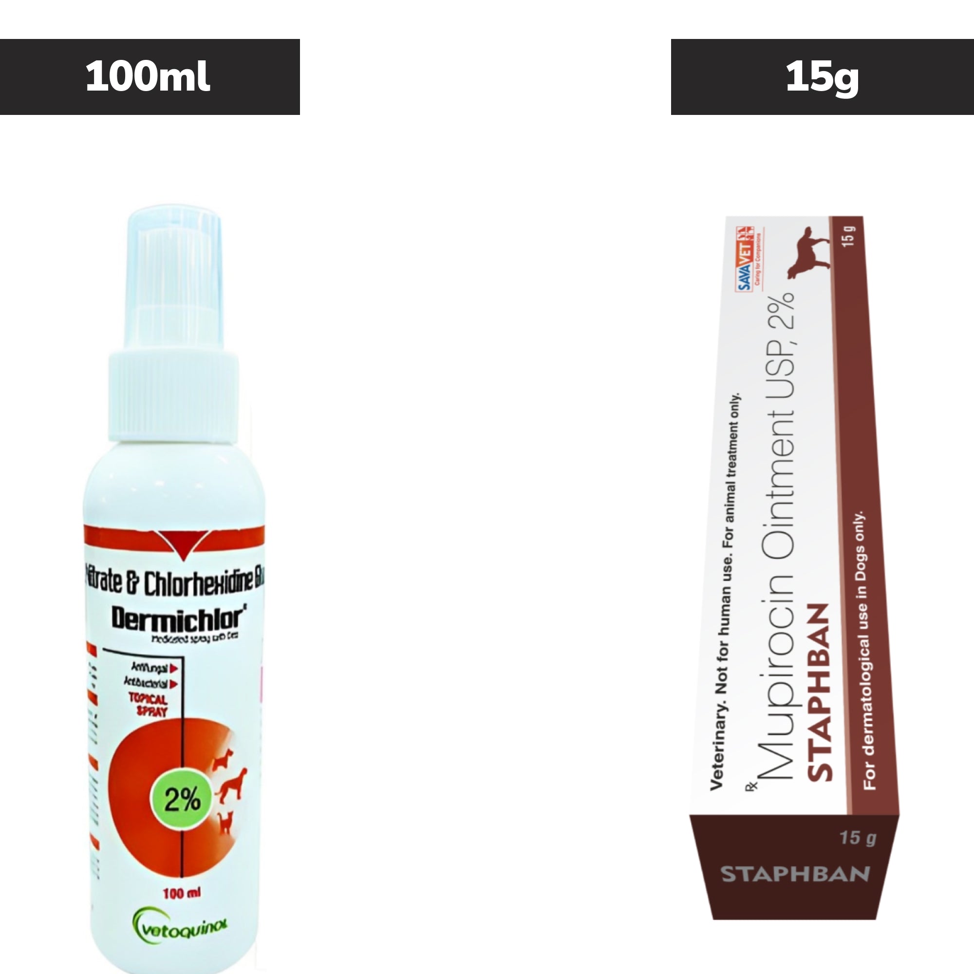 Savavet Staphban (Mupirocin) Ointment for Dogs 15g and Vetoquinol Dermichlor Antibacterial Antifungal Spray (100ml) for Dogs & Cats Combo Both-Pharmacy Exclusive Combo 15g+100ml