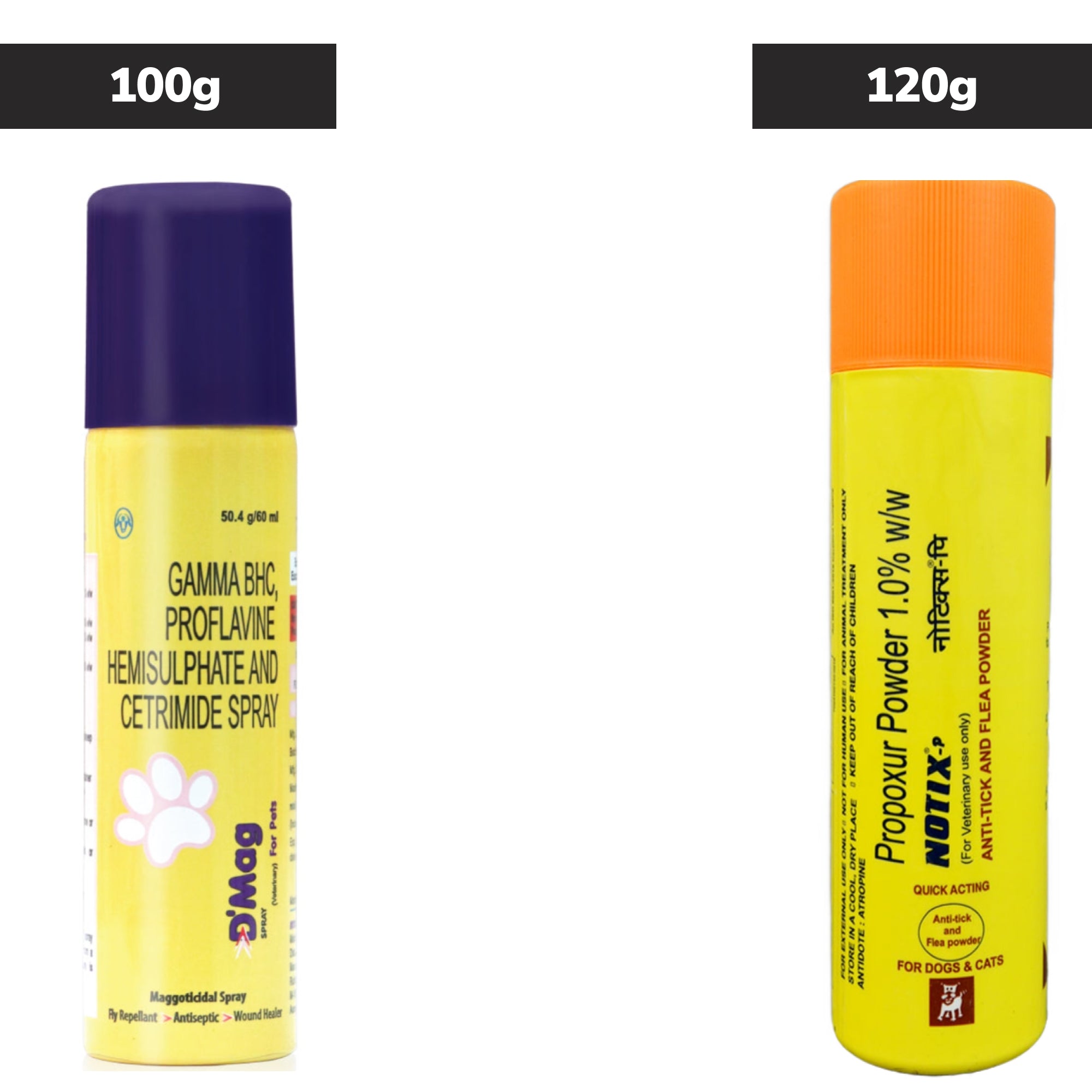 Petcare Notix (Propoxur) Tick & Flea Control Powder for Dogs & Cats (100g) and Intas D Mag Wound Care Spray for Dogs (120ml) Combo Both-Pharmacy Exclusive Combo 100g+120g