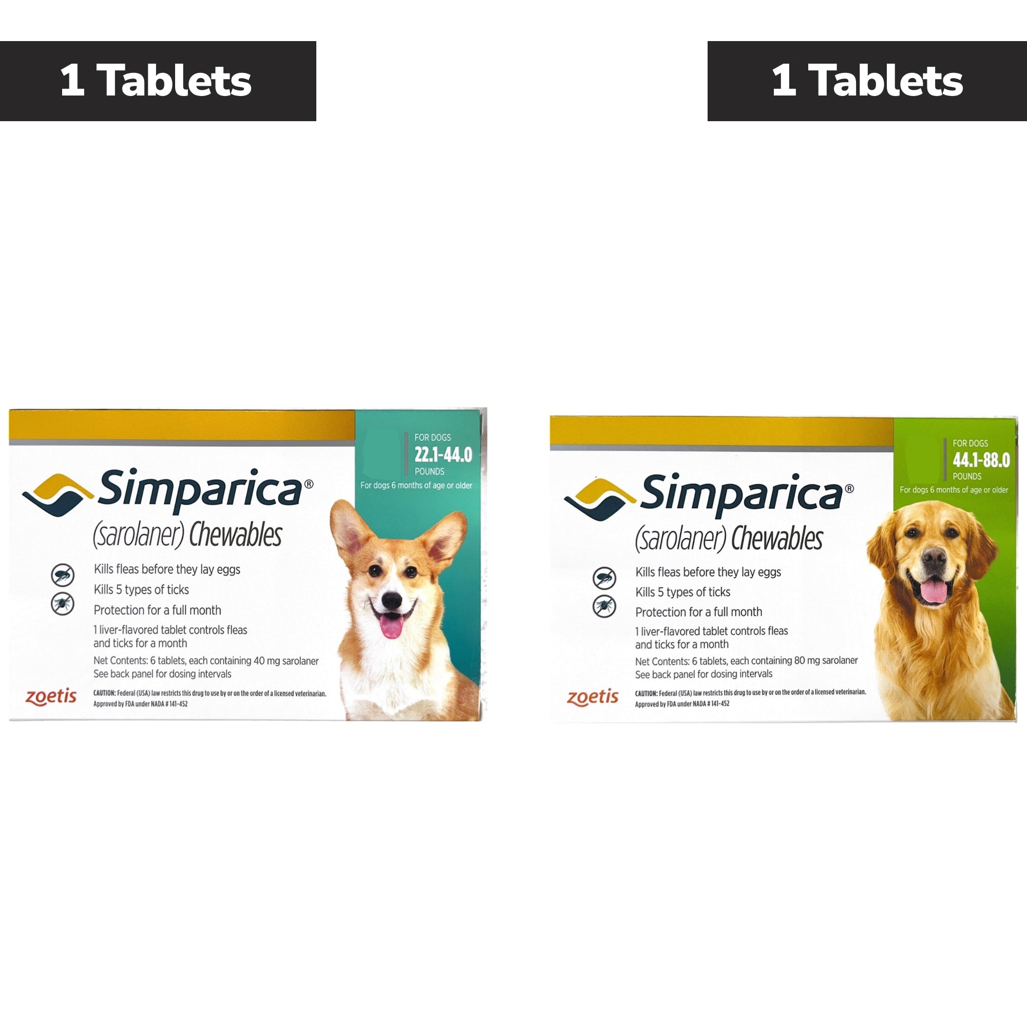 Zoetis Simparica (Sarolaner) Tick & Flea Control Tablet for Dogs 10 to 20 kg (1 Tablet ) and 20 to 40 kg (1 Tablet ) Combo Dogs-Pharmacy Exclusive Combo 20-40kg(1 Tablet) + 10-20kg(1 Tablet )