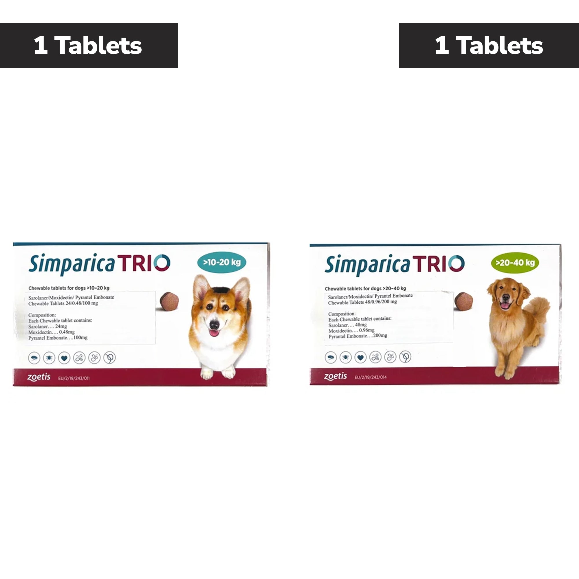 Zoetis Simparica Trio (Sarolaner) Tick & Flea Control Tablet for Dogs 10 to 20 kg (1 Tablet) and 20 to 40 kg (1 Tablet) Combo Dogs-Pharmacy Exclusive Combo 10 - 20kg (1 Tablet) + 20 - 40kg (1 Tablet)