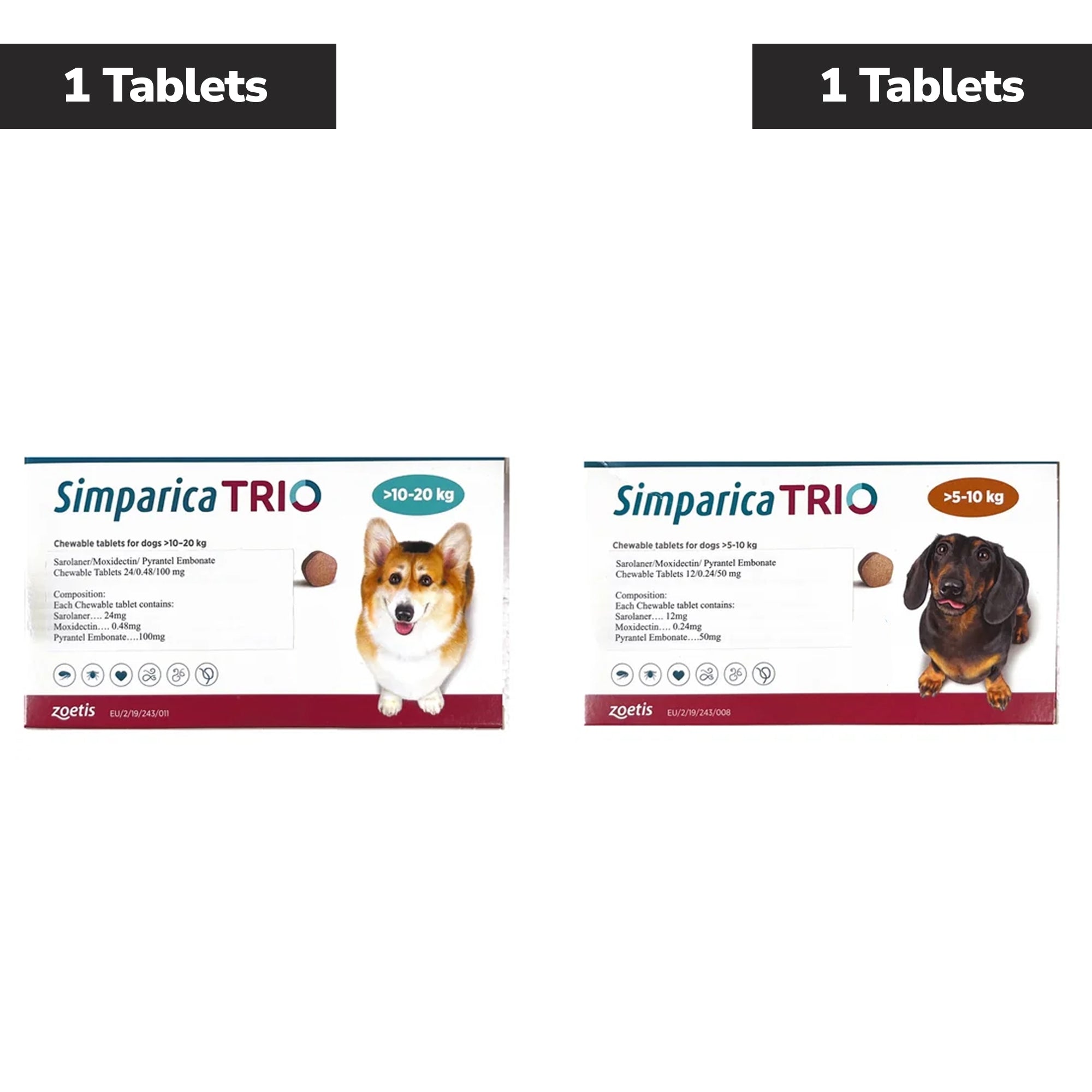 Zoetis Simparica Trio (Sarolaner) Tick & Flea Control Tablet for Dogs 5 to 10 kg (1 Tablet) and 10 to 20 kg (1 Tablet) Combo Dogs-Pharmacy Exclusive Combo 05 - 10kg (1 Tablet) + 10 - 20kg (1 Tablet)