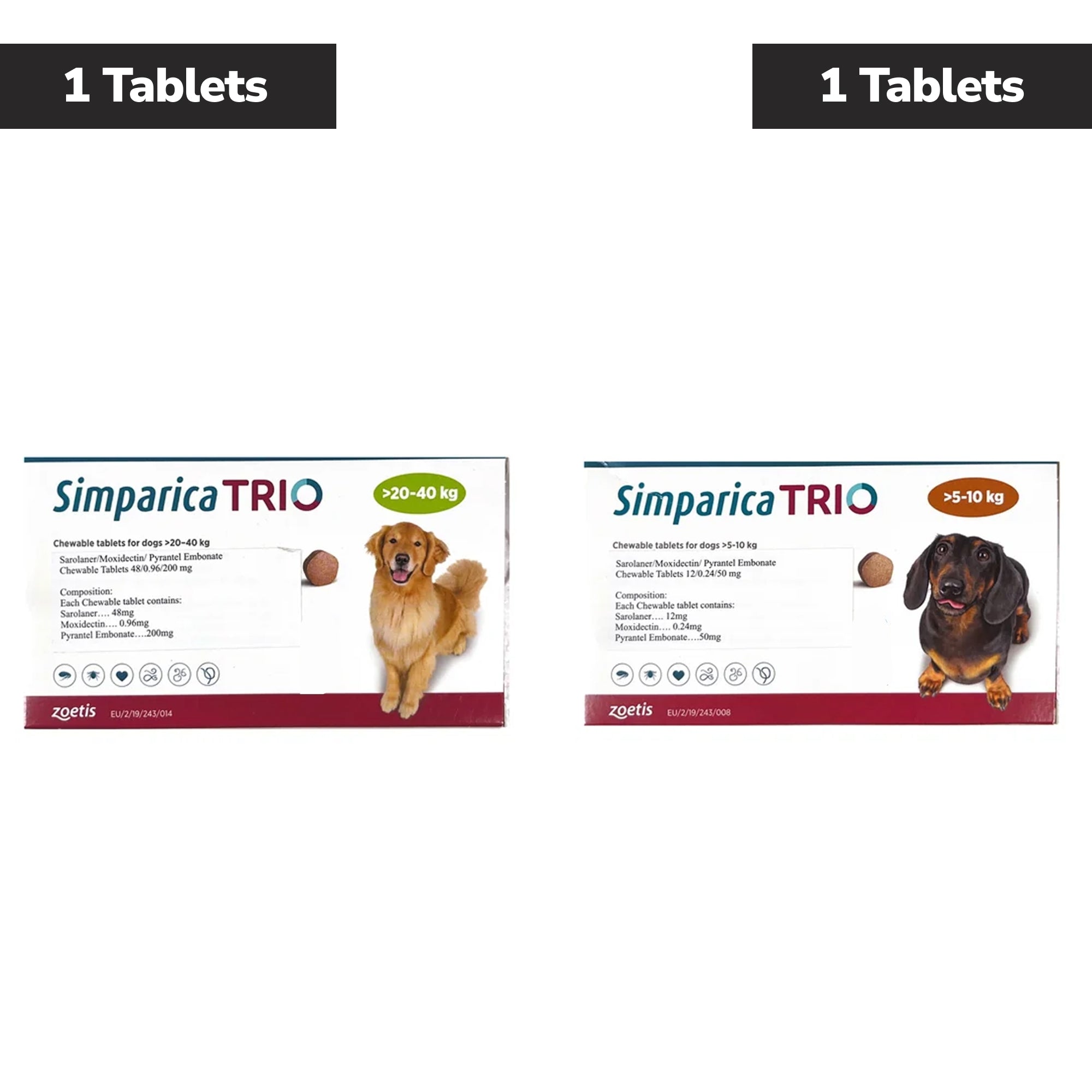Zoetis Simparica Trio (Sarolaner) Tick & Flea Control Tablet for Dogs 5 to 10 kg (1 Tablet) and 20 to 40 kg (1 Tablet) Combo Dogs-Pharmacy Exclusive Combo 5 - 10 kg (1 Tablet) + 20 - 40 kg(1 Tablet)