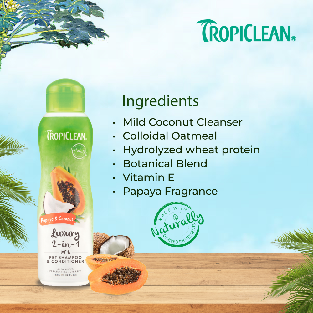 Tropiclean Papaya & Coconut 2 in 1 Shampoo & Conditioner for Dogs and Cats