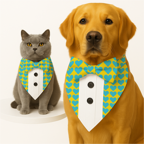 PawsIndia Heart Pattern Tuxedo Bandana with Matching Bow for Dogs and Cats
