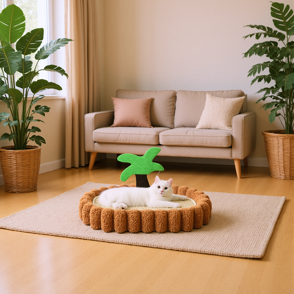 FurryLiving Aloha Bed & Scratcher Mat with Ball Toy for Cats(Brown) Cats-Bedding, Mats & Travel Supplies FurryLiving Dropship