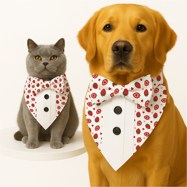 PawsIndia Strawberry Pattern Tuxedo Bandana with Matching Bow for Dogs and Cats