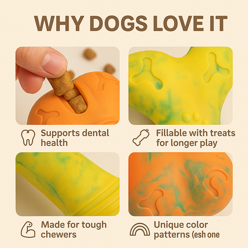 Talking Dog Club Rubber Bone Treat Dispenser Toy for Dogs (Orange) Dogs-Bowls & Feeders Talking Dog Club Dropship