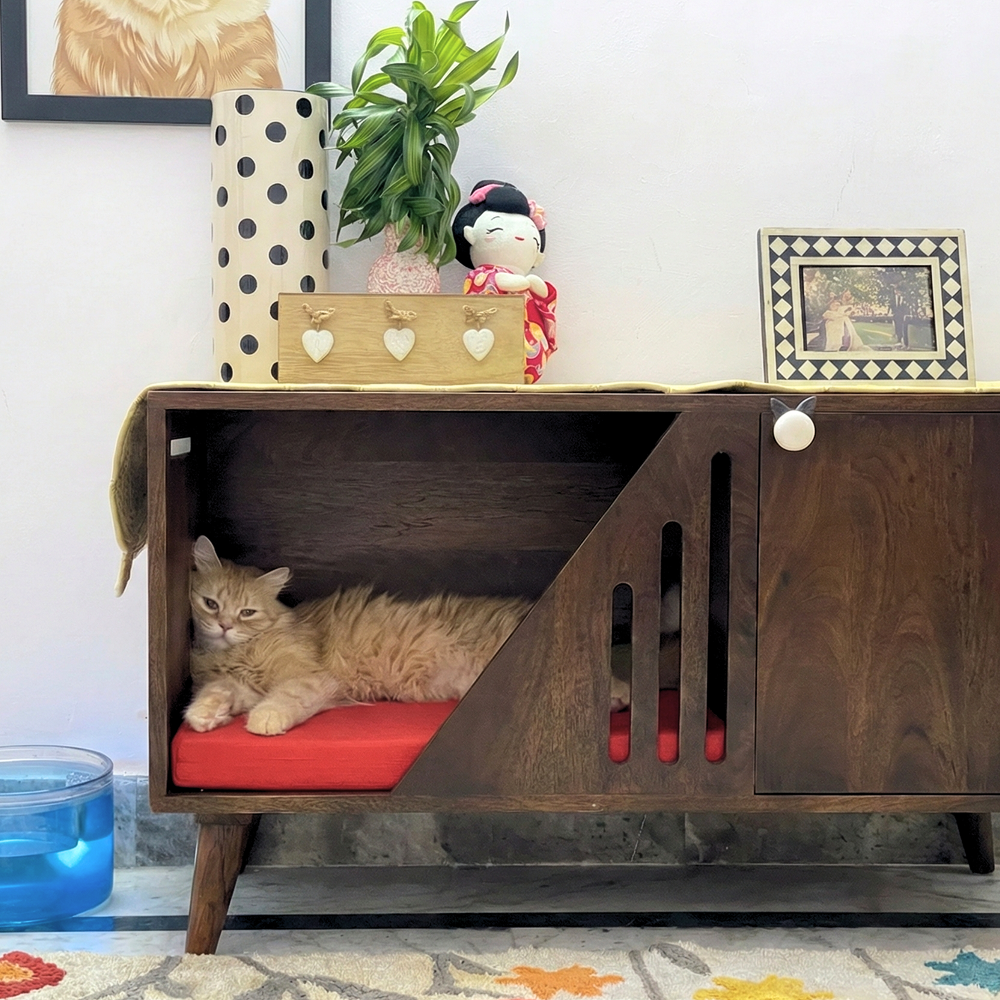 FurryLiving Benji Cabinet with Cushion for Small Dogs and Cats (Dark Brown/Red Cushion) Both-Furniture FurryLiving Dropship