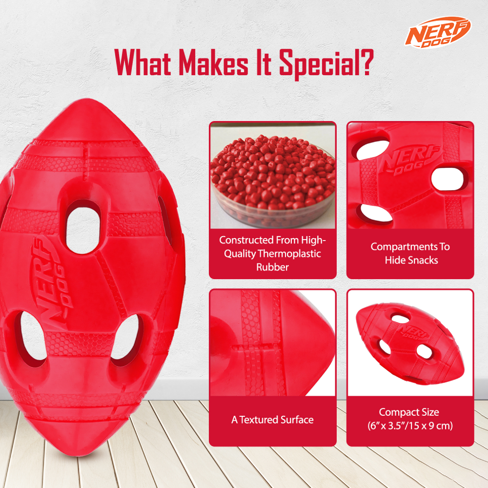 Nerf Bash Treat Football Toy for Dogs (Red) Dogs-Toys Nerf