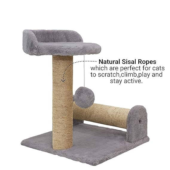 Furrlovers Soft Fur & Dual Jute Rope Scratching Post Tree for Cats (Grey)
