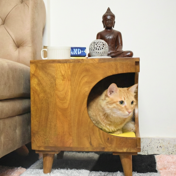 FurryLiving Wally Side Table with Cushion for Small Dogs and Cats (Honey/Yellow Cushion)