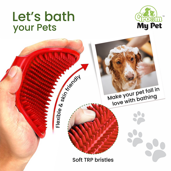 Groom My Pet Bathing & Grooming Hand Brush for Dogs and Cats (Red)