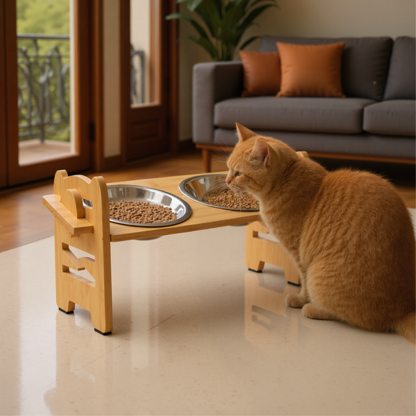FurryLiving Modo Elevated Adjustable Bamboo Pet Feeder with 2 Bowls for Dogs and Cats