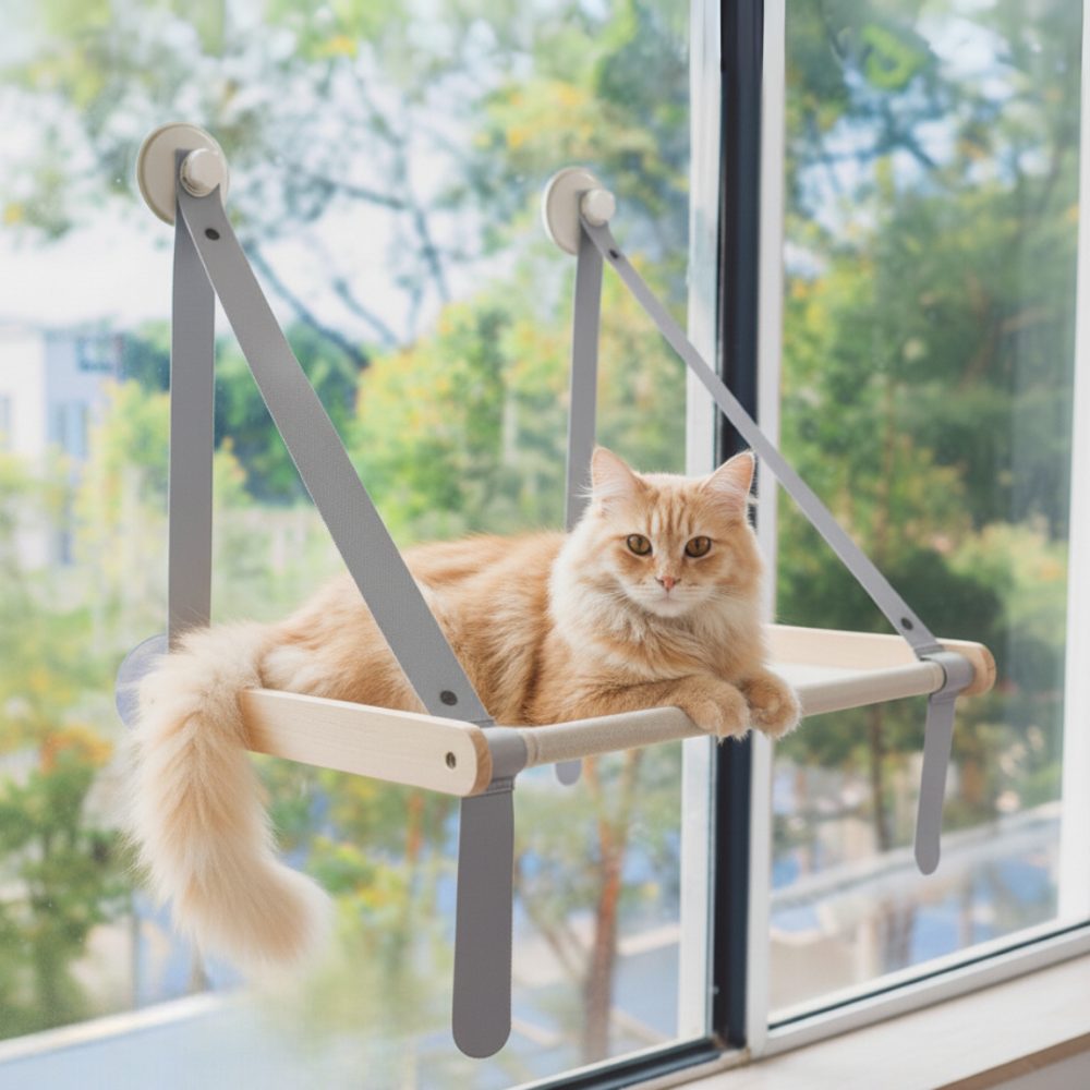 FurryLiving Mimi Window Perch & Hammock Foldable Hanging Bed with Suction Cup Mount for Cats (Oak/Grey) Cats-Furniture FurryLiving Dropship