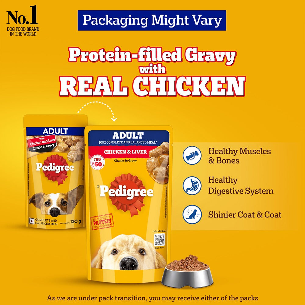 Pedigree PRO Active Adult Large Breed Dry Food, Pedigree Chicken Liver Gravy Adult Dog Wet Food Combo