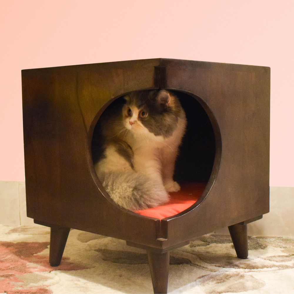 FurryLiving Wally Side Table with Cushion for Small Dogs and Cats (Dark Brown/Red Cushion) Both-Furniture FurryLiving Dropship