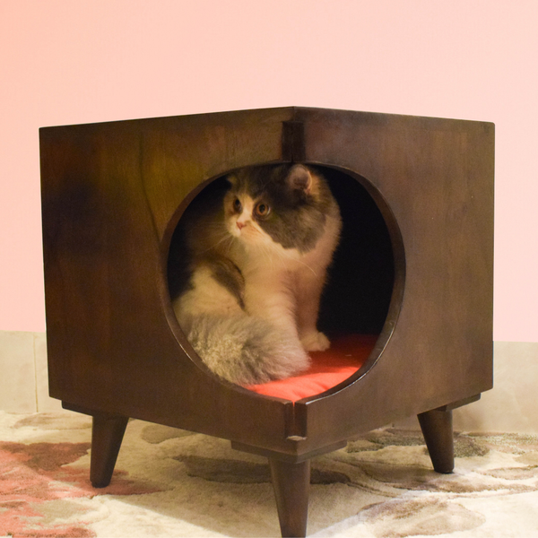 FurryLiving Wally Side Table with Cushion for Small Dogs and Cats (Dark Brown/Red Cushion)