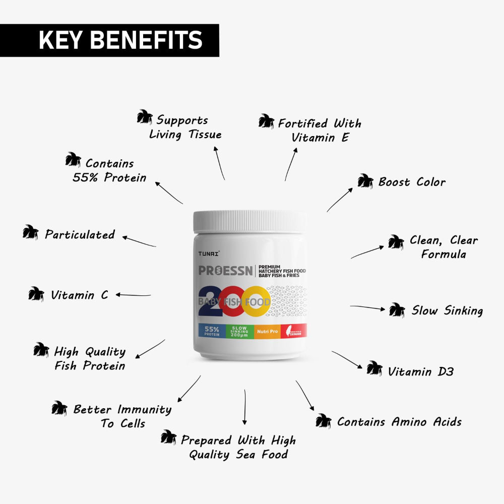 Tunai 55% Protien, 200 Micron Slow-Sinking Granules Seafood Flavour Dry Food for Fish Fish Tunai