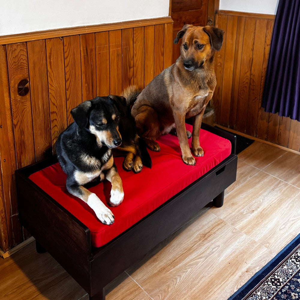 FurryLiving Hibachi Bed with Storage for Dogs (Dark Brown/Red Cushion) Both-Furniture FurryLiving Dropship