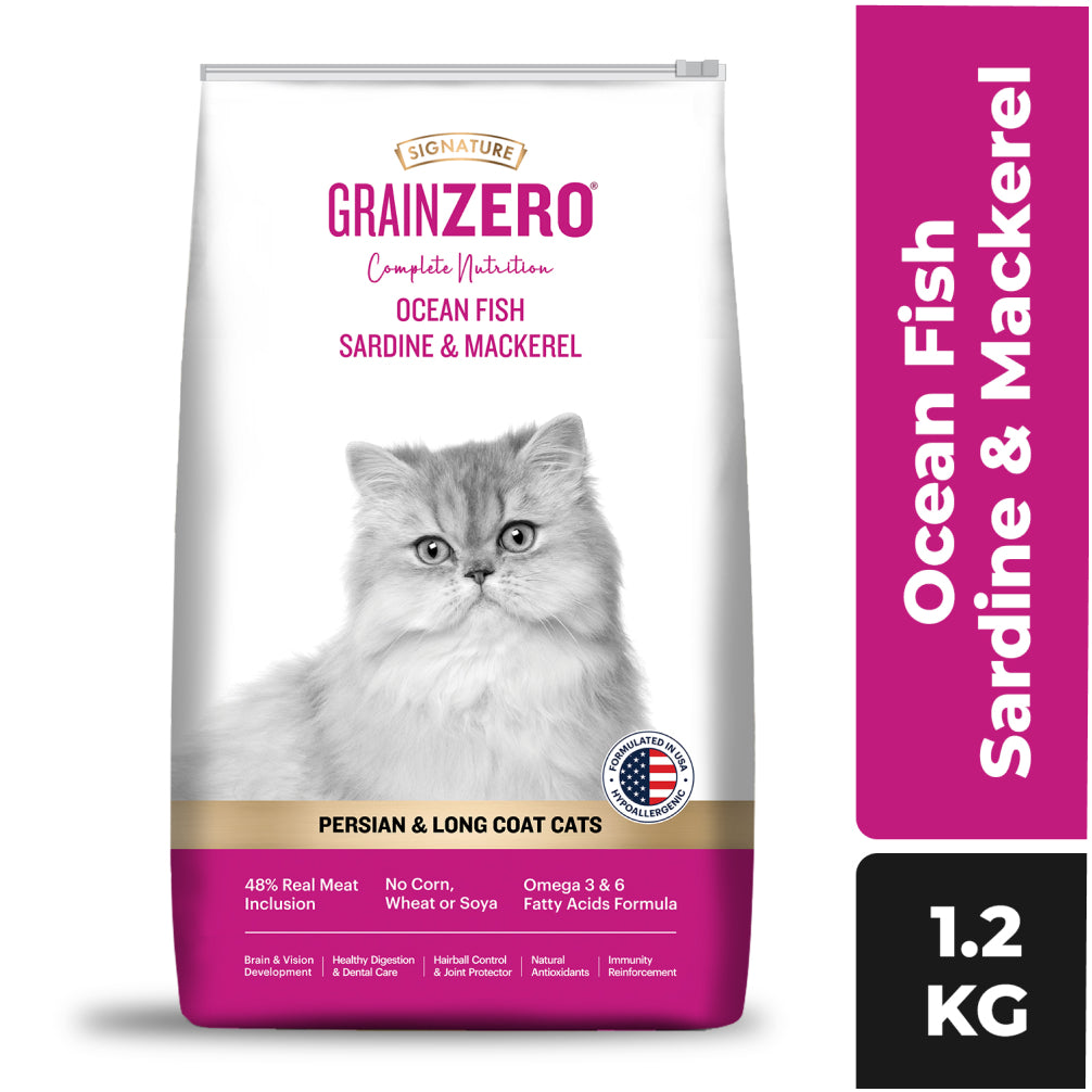 Signature Grain Zero Ocean Fish, Sardine and Mackerel Long Coat & Persian Adult Cat Dry Food Cats- Dry food Signature
