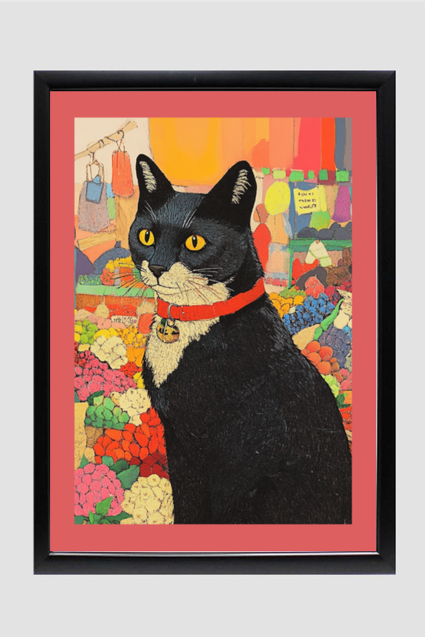 EverythingBoho Cat in Local Market Framed Art (Black)