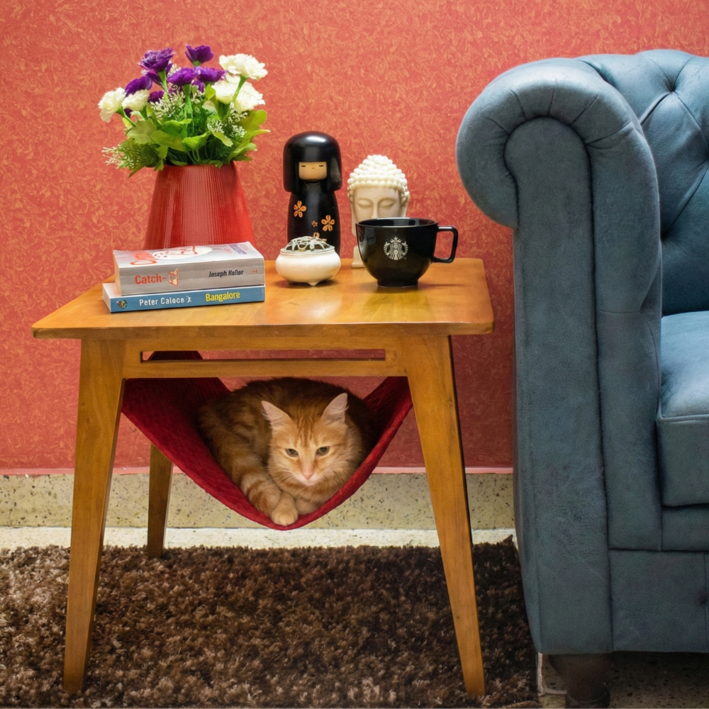 FurryLiving Lola Side Table with Perch Fabric for Cats (Honey/Red) Cats-Furniture FurryLiving Dropship