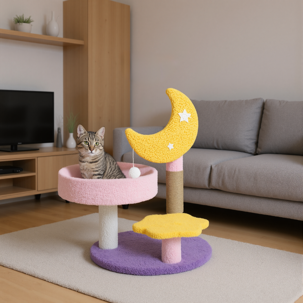FurryLiving Tsuki Moon Themed Cat Tree 3 Tier Cat and Kitten Scratching Post and Hanging Toy for Cats Cats-Toys FurryLiving Dropship
