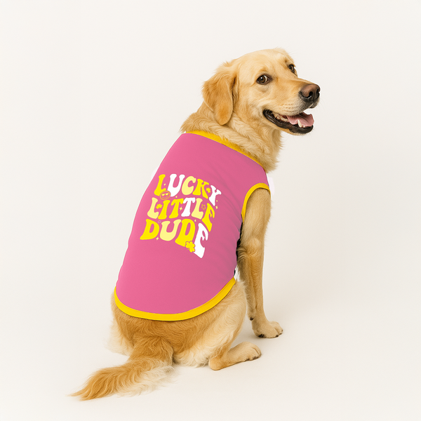 PawsIndia Lucky Little Dude Printed with Ribbed Sleeves TShirt for Dogs (Pink)