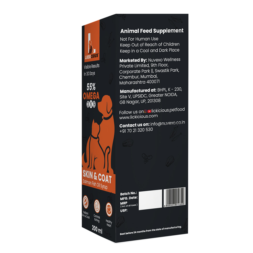 Lickicious Skin & Coat Syrup with Salmon Oil Omega 3 6 9 for Dogs & Cats Both-Health & Wellness Lickicious
