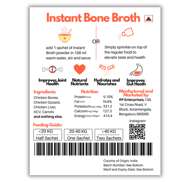 Doggos Instant Chicken and Carrots Bone Broth Gut and Vision Formula (Makes 100ml) for Cats and Dogs