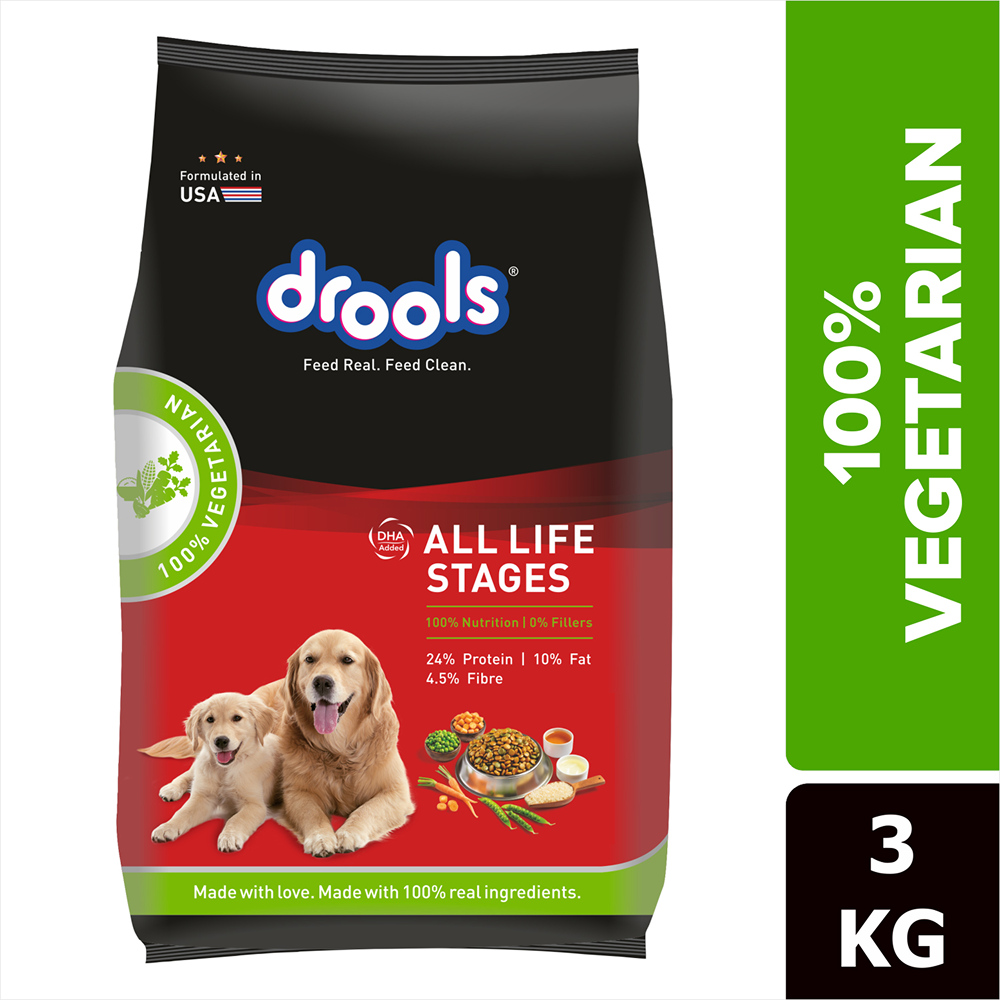 Drools 100% Vegetarian Puppy and Adult Dog Veg Dry Food (All Life Stages) Dogs- Dry Food Drools 3kg