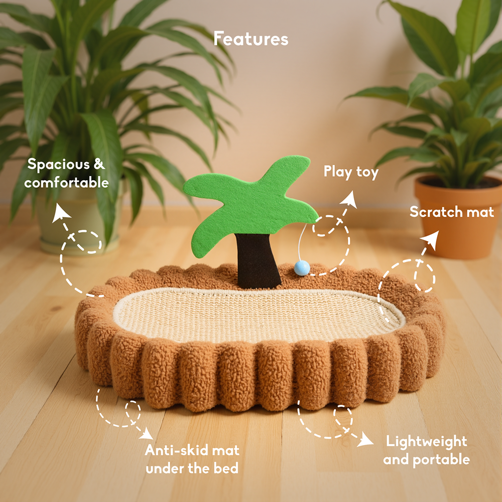 FurryLiving Aloha Bed & Scratcher Mat with Ball Toy for Cats(Brown) Cats-Bedding, Mats & Travel Supplies FurryLiving Dropship