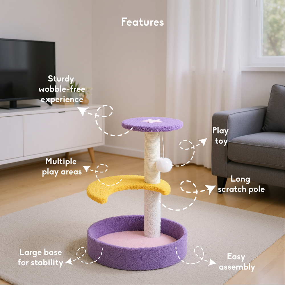 FurryLiving Astra 3Level Cat Tree for Cats & Kittens with Scratching Post and Hanging Toy for Cats Cats-Toys FurryLiving Dropship