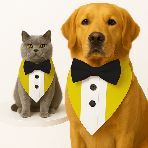 PawsIndia Yellow Tuxedo Bandana with Black Bow for Dogs and Cats