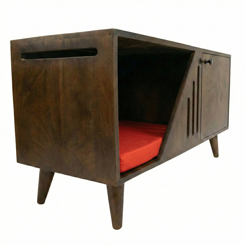 FurryLiving Benji Cabinet with Cushion for Small Dogs and Cats (Dark Brown/Red Cushion) Both-Furniture FurryLiving Dropship