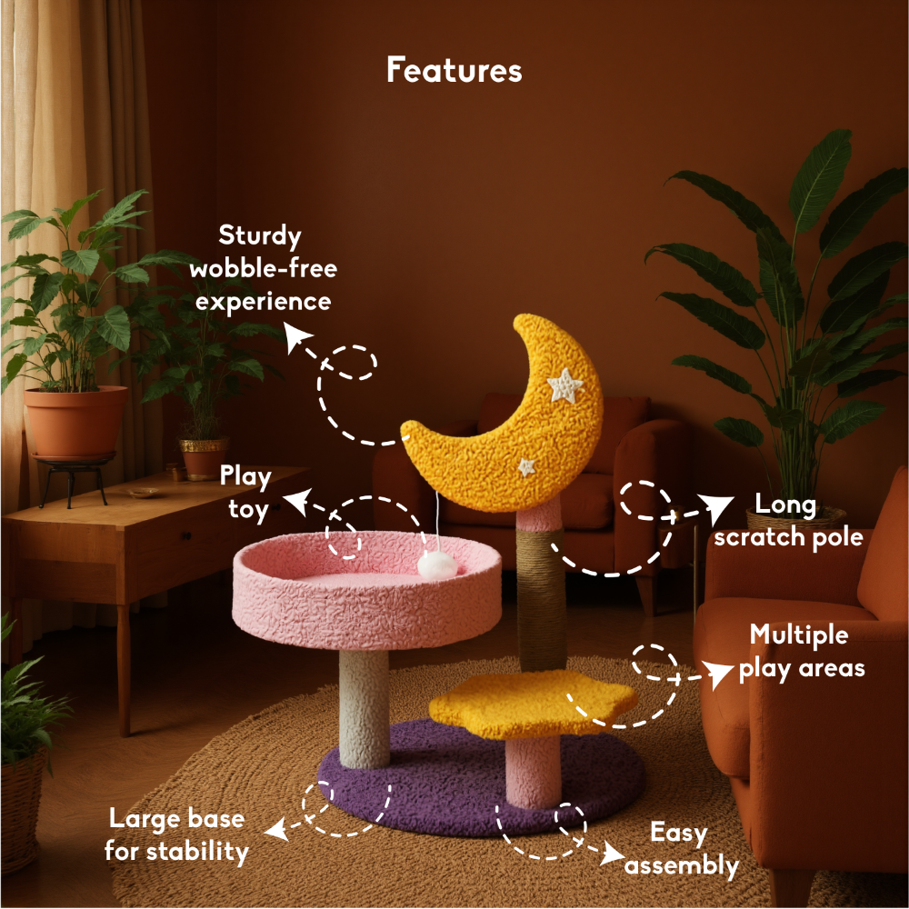 FurryLiving Tsuki Moon Themed Cat Tree 3 Tier Cat and Kitten Scratching Post and Hanging Toy for Cats Cats-Toys FurryLiving Dropship