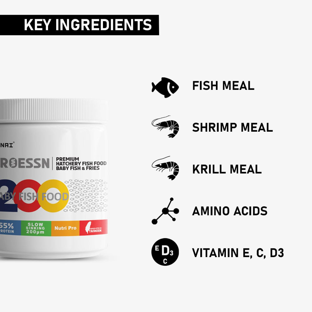 Tunai 55% Protien, 200 Micron Slow-Sinking Granules Seafood Flavour Dry Food for Fish Fish Tunai