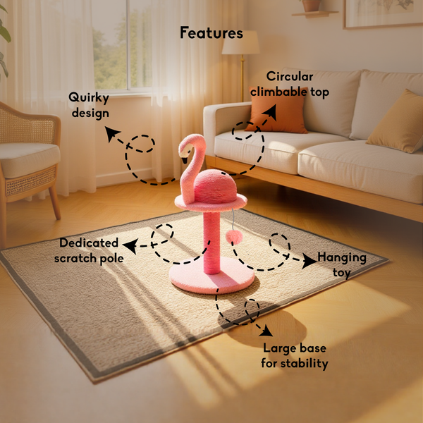 FurryLiving Flamingo Cat Scratching Post Scratcher with Hanging Ball Toy