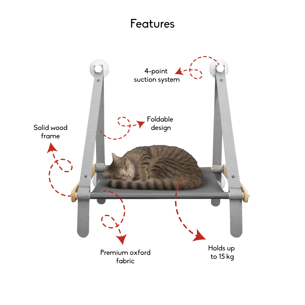 FurryLiving Mimi Window Perch & Hammock Foldable Hanging Bed with Suction Cup Mount for Cats (Oak/Grey) Cats-Furniture FurryLiving Dropship