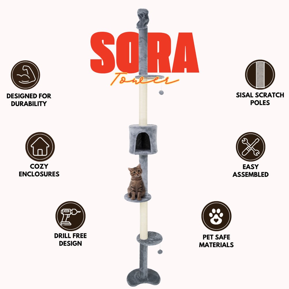 FurryLiving Sora Adjustable Floor to Ceiling with Scratching Posts, Condo and Hanging Toy Cat Tree Cats-Toys FurryLiving Dropship