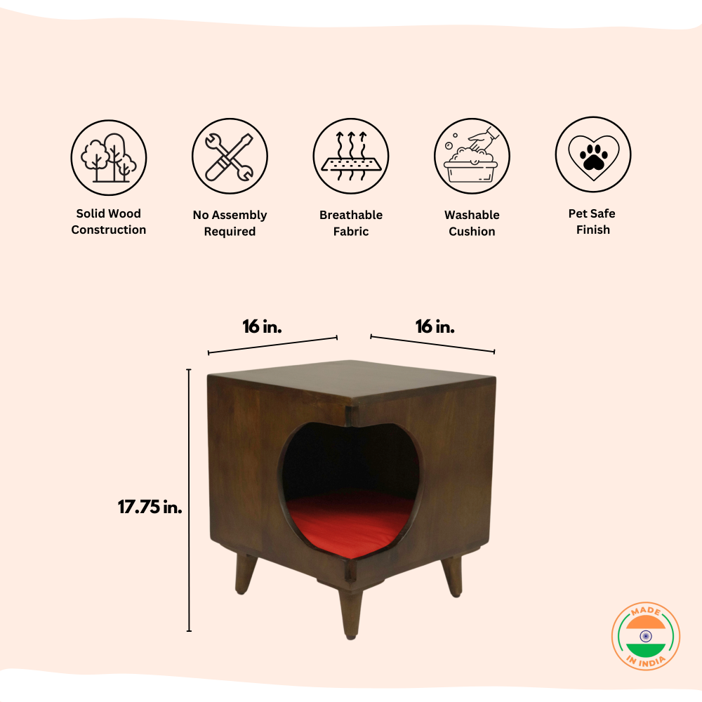 FurryLiving Wally Side Table with Cushion for Small Dogs and Cats (Dark Brown/Red Cushion) Both-Furniture FurryLiving Dropship