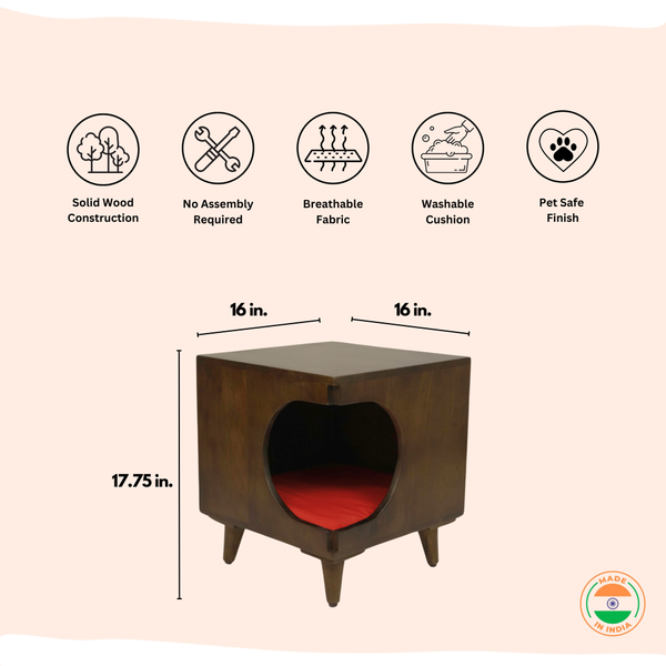 FurryLiving Wally Side Table with Cushion for Small Dogs and Cats (Dark Brown/Red Cushion)